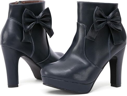 GATUXUS Women's Chunky High Heels Bow Decor Ankle Boots Round Toe Side Zipper Platform Short Booties Dress Shoes in Kuwait
