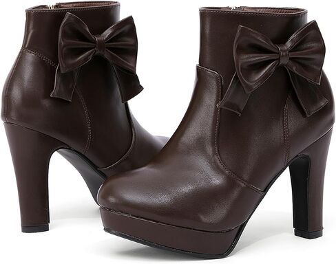 GATUXUS Women's Chunky High Heels Bow Decor Ankle Boots Round Toe Side Zipper Platform Short Booties Dress Shoes in Kuwait