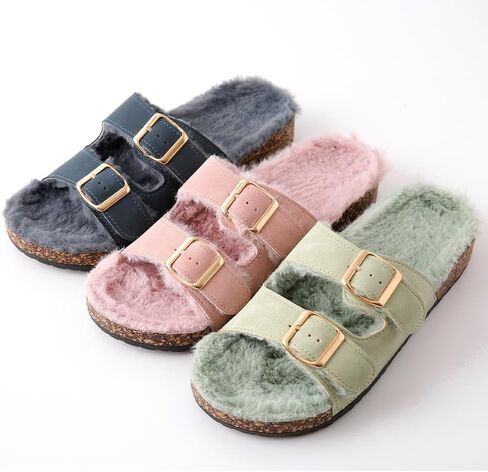 Roxoni Women's Open Toe Feather Slipper with Adjustable Double Buckle Cozy Cork Slide Sandal in Kuwait