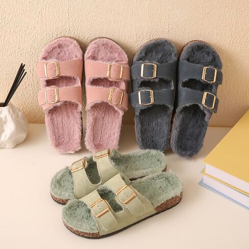 Roxoni Women's Open Toe Feather Slipper with Adjustable Double Buckle Cozy Cork Slide Sandal in Kuwait