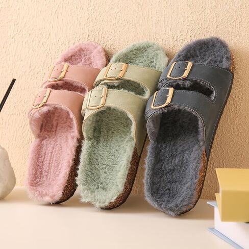 Roxoni Women's Open Toe Feather Slipper with Adjustable Double Buckle Cozy Cork Slide Sandal in Kuwait