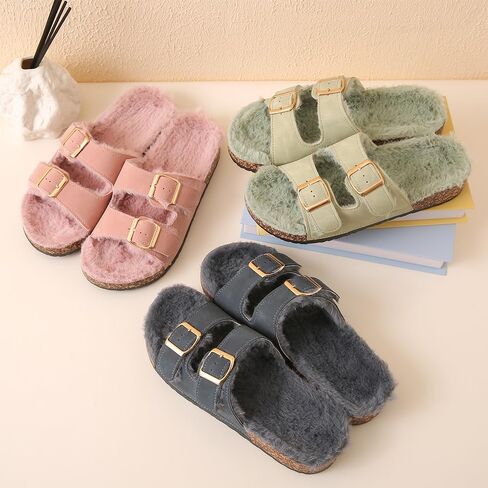 Roxoni Women's Open Toe Feather Slipper with Adjustable Double Buckle Cozy Cork Slide Sandal in Kuwait
