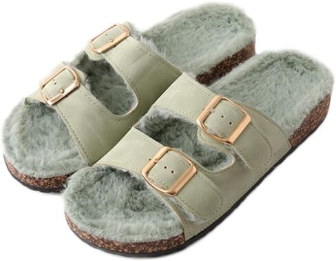 Roxoni Women's Open Toe Feather Slipper with Adjustable Double Buckle Cozy Cork Slide Sandal in Kuwait