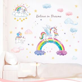 Large Size Rainbow Unicorn Wall Stickers for Girls Room Vinyl Colorful Clouds Cat Fishing Stars Wall Decals Unicorn Wall Decals Removable Unicorn Wall Sticker Toddler Girls Room Decor 41.3x29.5 Inch