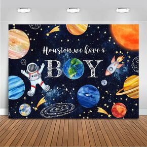 Mocsicka Space Baby Shower Backdrop Out Space Galaxy Planets Astronaut Baby Shower Background for Photography Houston We Have a Boy Party Cake Table Decoration Banner (7x5ft (82x60 inch))