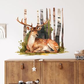 Sitting Stag Deer Forest Wall Decal Nursery Animal Wall Sticker Removable Peel and Stick Wall Art Decor for Kid Baby Classroom Preschool Living Room Playroom Bedroom School