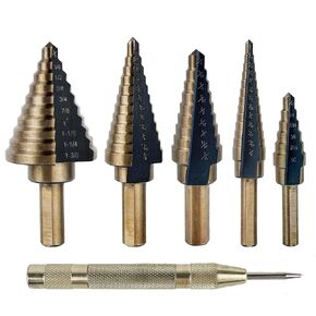 Pro Edge 5PCS Step Drill Bits with Center Punch, Tri-Flat Shank HSS Titanium Step Drill Bit Set, 50 Sizes Step Bits for Metal, Aluminum, Wood, Plastic