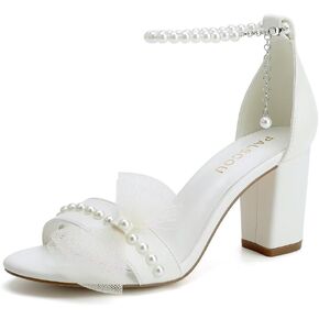 Block Heel Wedding Sandals Bridal Shoes Wedding Shoes for Bride Pearl Heels with Bow