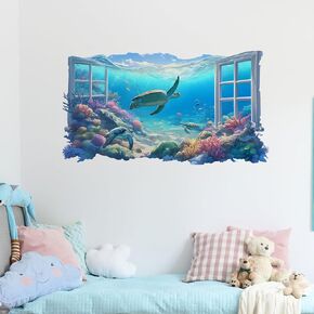 Underwater Scene Sea Turtle Fishes Wall Stickers 3D Fake Window Wall Decals for Kid Removable Peel and Stick Wall Art Home Decor Decoration for Classroom Preschool Living Room Bedroom Bathroom