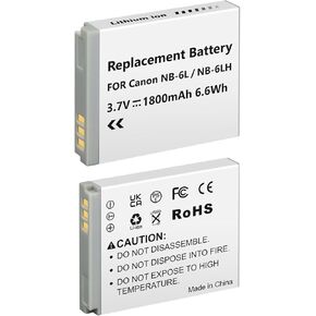 1800mAh 2 Pack NB-6L/ NB-6LH Replacement Battery for Canon Powershot SX500 is, SX710 HS,SX520 HS,SX530 HS,SX700 HS,SX610 HS,SX510 HS,S120,SX600 HS, D30, and S95 Cameras