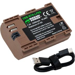 Wasabi Power USB Battery (Ginger Series) Replacement for Canon LP-E6, LP-E6N for Canon EOS 5D Mark II/III/IV, 5DS, 6D Mark II, 7D Mark II, 70, 80, 90D, R, R5C, R6, Ra, XC10, XC15, BMPCC 4K/6K