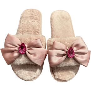 Verdusa Women's Rhinestone Bow Knot Furry Slippers Open Toe Home Slippers