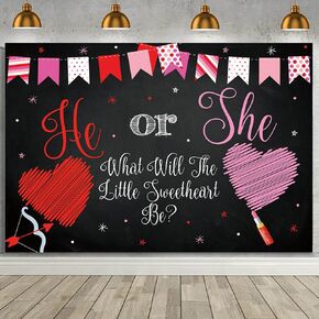MEHOFOND 7x5ft Valentine Gender Reveal Backdrop He or She What Will The Little Sweetheart Be Photography Background Sweetheart Gender Reveal Baby Shower Decorations Banner Photo Booth Prop