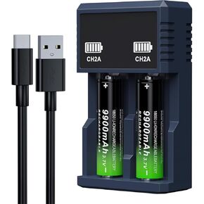 18650 بطارية قابلة لإعادة الشحن مع 1 شاحن 2 حزمة 3.7 فولت 9900mAh سعة كبيرة لكاميرات مصابيح كهربائية مصابيح الأمامية (أعلى زر)