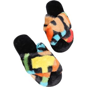 Verdusa Women's Colorblock Cross Strap Fuzzy Bedroom Slippers Indoor Shoes