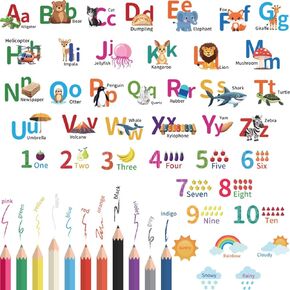 Animal Alphabet Wall Stickers Decor Fruit Numbers Weather Letters Alphabet Wall Decals Classroom Playroom Wall Decor Removable ABC Wall Decals for Nursery Bedroom Decorations
