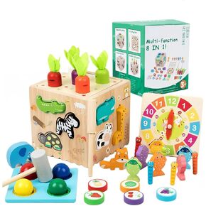 Montessori Toys for Kids, 8 in 1 Wooden Toy Kit with Animal Pairing, Fruit Color Sorting, Fishing, Knocking Ball Game, Fine Motor Skill Busy Activity Cube, Gift for Toddler Baby 3 4 5 6 7 8 Years Old