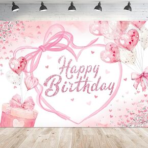Coquette Happy Birthday Backdrop 7Wx5H Photography Pink Bow Heart Balloons Modern Preppy Diamonds Sweet Princess Background for Girls Teens Party Decorations Banner Photo Booth Props Supplies