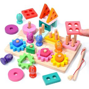 Montessori Toys for 3 4 5 Years Old Toddlers, Wooden Sorting & Stacking Toys, Shape Sorter and Color Stacker Preschool Kids Gifts, 3-in-1 Educational Toy Gift for Baby Boys Girls