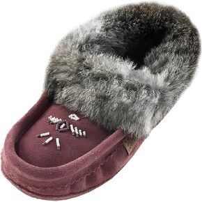 Laurentian Chief Women's Suede Slippers Rabbit Fur Collar Soft Sole Moccasins