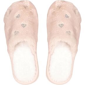 OYOANGLE Women's Rhinestone Decor Round Toe Plush Slippers Slip on Fuzzy Bedroom Houses Slides Slippers
