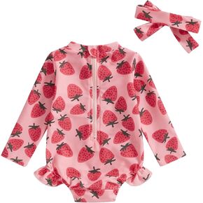 Infant Baby Girl Long Sleeve Swimsuit One-Piece Zipper Rash Guard Swimwear Bathing Suit Beach Wear with Hat Sets