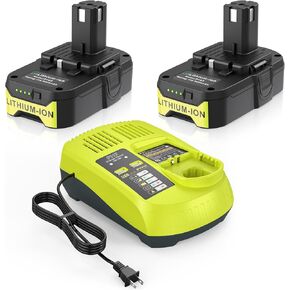 2 Pack P103 18v Replacement Battery P117 12V-18V Charger for Ryobi Battery Charger Combo Compatible with P100 P102 P104 P105 P107 P108 P109 P190 Charger for Ryobi Lithium-Ion/NiCad/NiMh