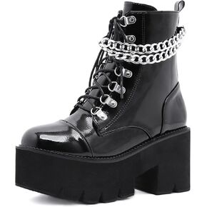 Women's Patent Leather Chain Platform Block Heel Goth Ankle Boots with Side Zipper Fashion Comfortable Round Toe Chunky High Heel Lace Up Combat Boots Y2K Punk Motorcycle Booties