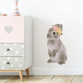 Gray Rabbit with Flowers Wall Decal Nursery Bunny Animal Wall Sticker Removable Peel and Stick Waterproof Wall Art Decor Stickers for Kids Baby Classroom Living Room Playing Room Bedroom