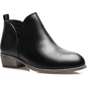 Women's Ankle Boots Low Heels Chunky Perforated Western Shoes Casual Round Toe Cutout Booties