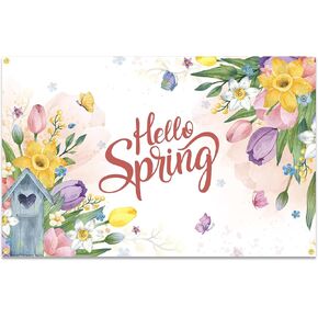 Backdrop Banner for Hello Spring Colorful Flower Butterfly Tulip Party Decorations for Spring Break Photography Background for Spring Easter Party Supplies Decors for Home Office
