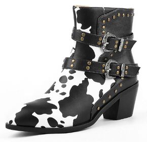 Cozivwaiy Cow Print Boots for Women Studded Riding Boots Ankle High Buckle Biker Boots Chunky Heel Motor Boots Zip