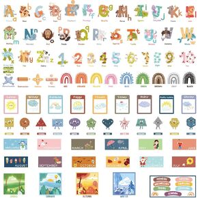 9 Sheets Kids Alphabet Wall Decals Educational Number Wall Stickers Decals Colorful ABC Animal Learning Wall Decals Peel and Stick Removable Stickers for Toddlers Classroom Nursery Bedroom (Boho)