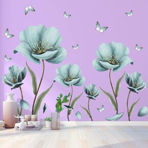 RW-1025 Giant Blue Flowers Wall Decals Butterfly Floral Wall Stickers DIY Removable Painting Green Leaf Plant Wall Art Decor for Girls Women Bedroom Living Room Nursery Office Wall Corner Decoration