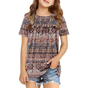 storeofbaby Girls Shirts Casual Short Sleeve Tops Round Neck Ruffle Flowy Tunic Blouses 5-14 Years