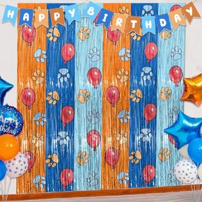 Paw Birthday Party Supplies Decorations, 2 Pack Dog Paw Tinsel Foil Fringe Curtains Blue Dog Birthday Decorations Photo Booth Prop, Photo Backdrop for Dog Theme Party Favors Birthday ﻿