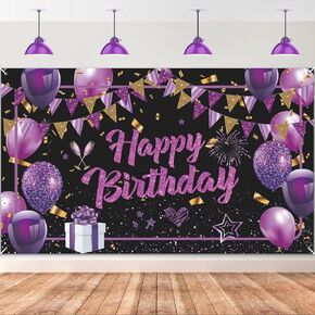 Purple Happy Birthday Banner Purple Black Gold Birthday Party Decorations Large Purple Birthday Sign Shiny Purple Black Birthday Backdrop Photo Booth Background for Women Girls 71 x 44Inch