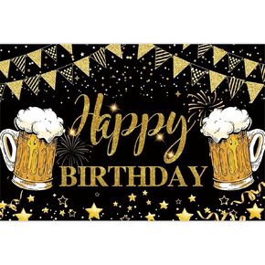 Gold Black Happy Birthday Banner for Men Women, Cheers Party Backdrop, Beer Background Sign Decorations Supplies (7x5FT, Polyester)