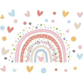 Boho Rainbow Wall Decal Colorful Love Polka Dot Stars Flowers Wall Stickers DIY Wall Art Murals Girls Kids Room Baby Nursery Bedroom Playroom Wall Decor