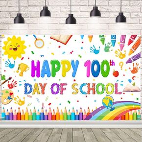 Happy 100th Day of School Party Backdrop, Happy 100th Day Photography Background Kids Students Party Supplies Kindergarten Primary Indoor Outdoor (Black)