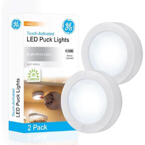 GE Wireless LED Puck Lights, Battery Operated, 20 Lumens, Touch Light, Tap Light, Stick on Lights, Under Cabinet Light, Ideal for Kitchen Cabinets, Closets, Garage 2 Pack, 25434