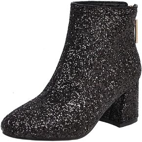 FIFSY Women Sparkly Block Heel Ankle Boots Shiny Heeled Sequin Glitter Boots