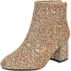 FIFSY Women Sparkly Block Heel Ankle Boots Shiny Heeled Sequin Glitter Boots