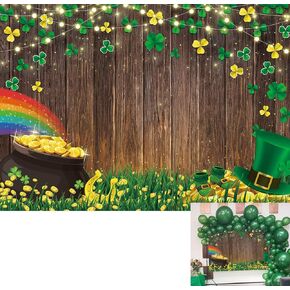 Binqoo 7x5ft Happy St. Patrick's Backdrop Gold Coins Pot Rainbow Lucky Shamrock Clover on Rustic Wooden Board Procession Background Baby Shower Photo Booth