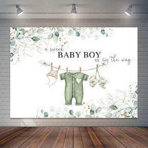 7x5ft Greenery Baby Shower Backdrop Sweet Baby Boy Watercolor Clothes Background Green Eucalyptus Leaves Baby Shower Party Cake Table Decorations Banner Photo Booth