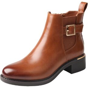 TMA EYES Women's Light brown Ankle Boots Low Square Heel Buckle Strap Side Zipper Casual Boots