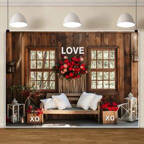 Valentines Backdrop 10x8ft Rustic Wood House Rose Flowers XOXO Valentine Photo Backdrops for Photography Valentines Day Decorations Galentines Photo Props Anniversary Wedding Background