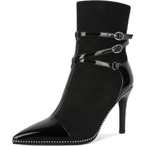 SAMMITOP Womens High Heel Ankle Boots Pointed Toe Sexy Stiletto Buckle Strap Zipper Booties Silver Beaded Fall Winter Short Boots Dress Shoes 4 Inch