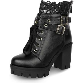 BEAUPAS Women's Chunky Platform High Heel Boots Lace Up Gothic Ankle Booties Block Heel Buckle Punk Shoes