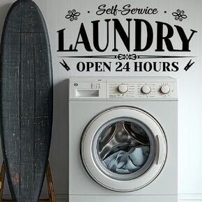 SUPERDANT 24 Hours Laundry Wall Stickers Open 24 Hours Wall Decals Self Service Laundry Room Stickers Vinyl Black Wall Art Decal for Laundry Room Home Wall Door Decor 96x30cm